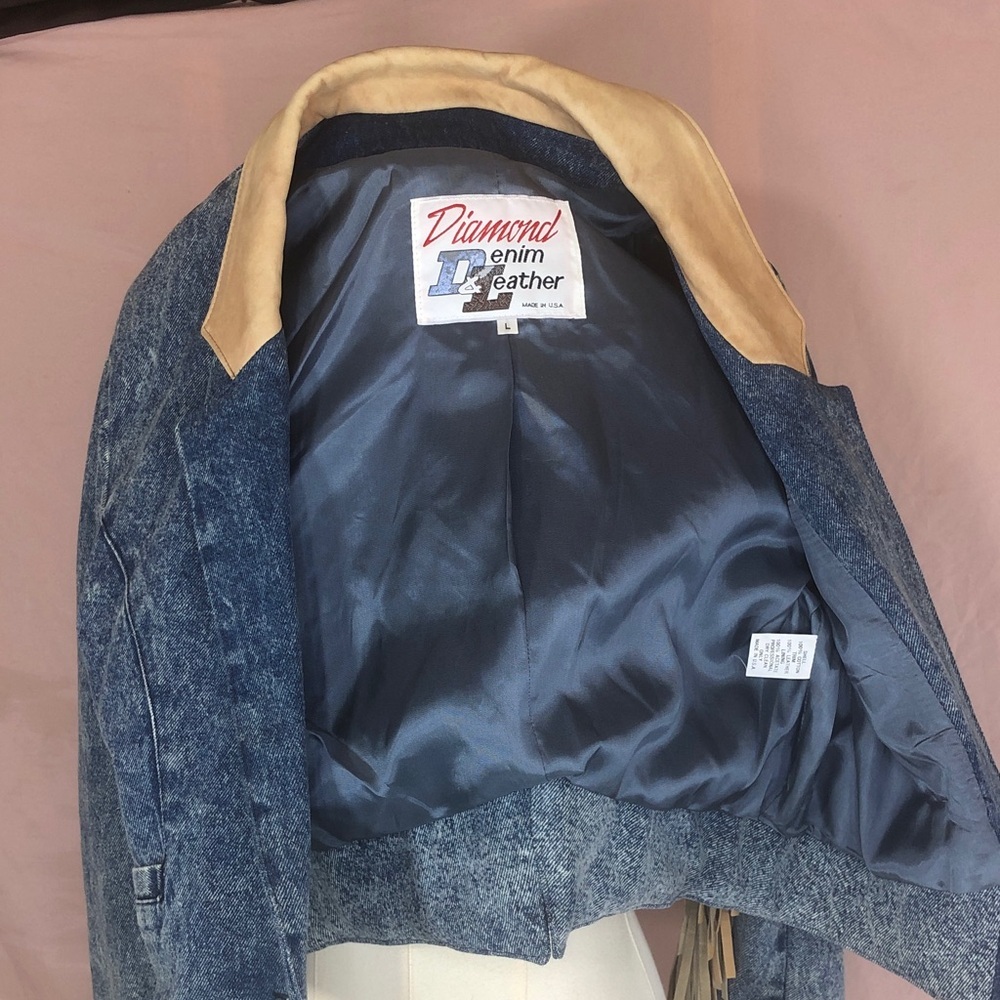Vintage Blue Denim Western Country Leather Tan Collar Fringe Size Large Like New - Picture 16 of 16
